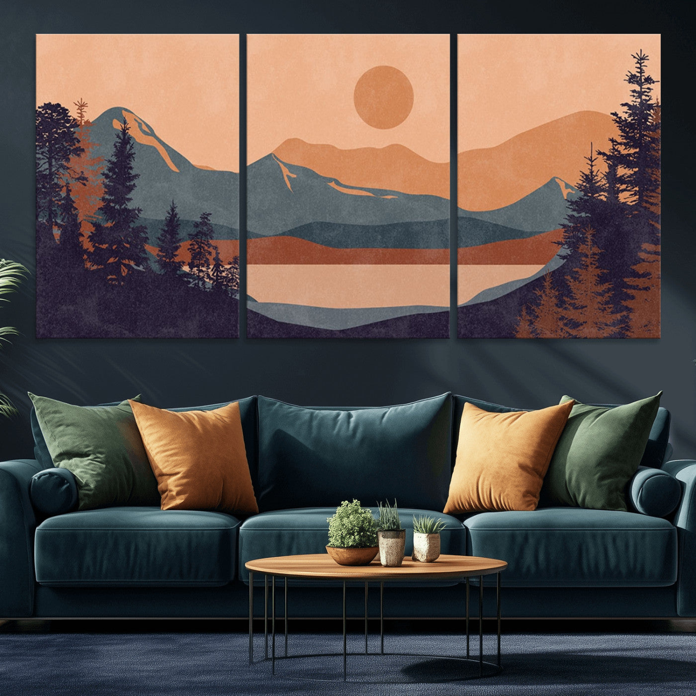 MGV-CV-60X30-3P - Modern Boho Sunset Canvas Print, Mountain Landscape Triptych – Giclée Canvas Art Print for Living