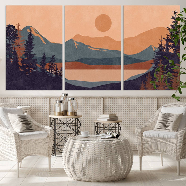 Modern Boho Sunset Mountain Landscape Triptych – Giclée Canvas Art Print for Living Room, Bohemian Decor, Ready to Hang