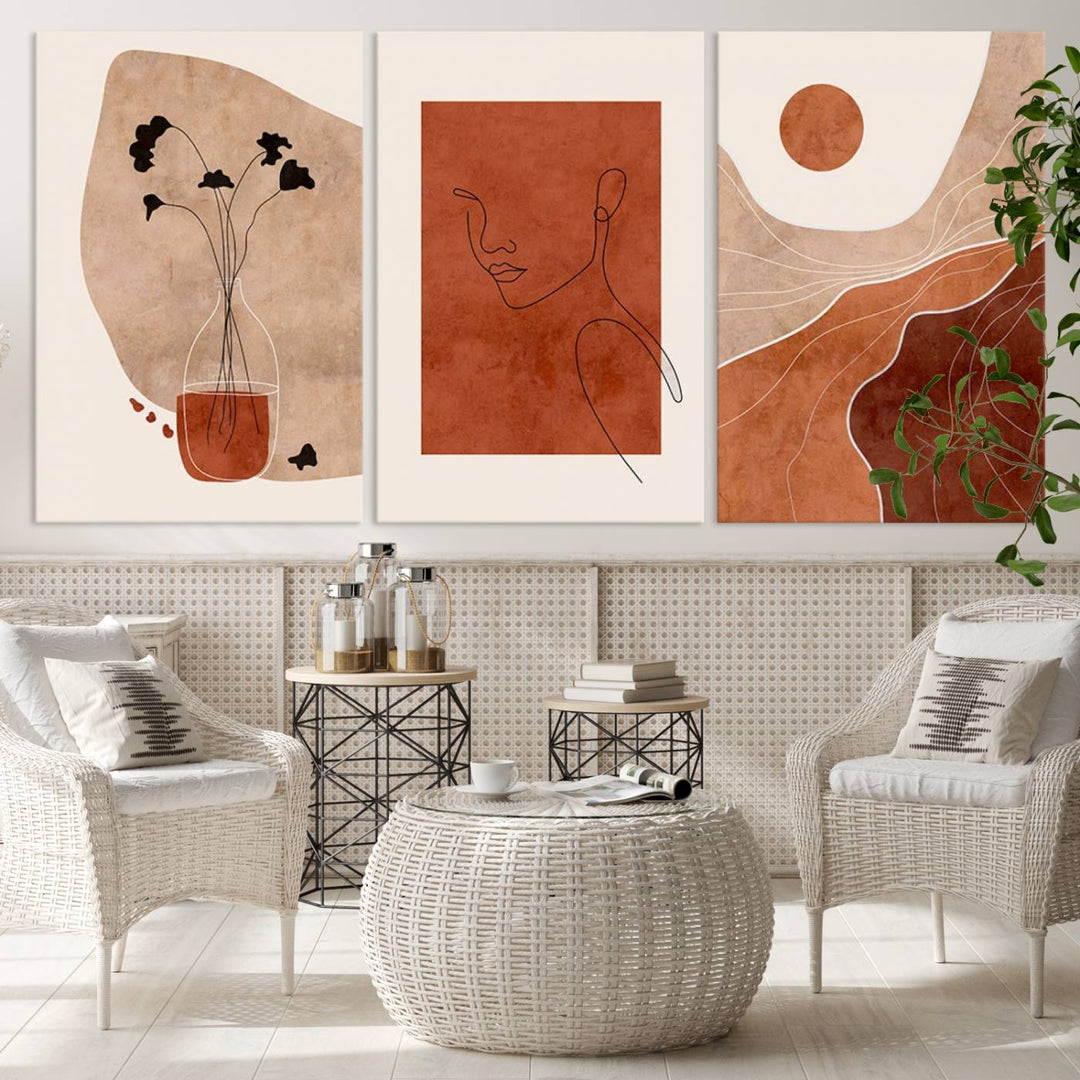 Conjunto de impresión de lienzo enmarcado de arte de pared boho - Impresiones modernas de mediados de siglo - Impresiones de obras de arte de pared de decoración boho - Decoración del hogar neutral boho