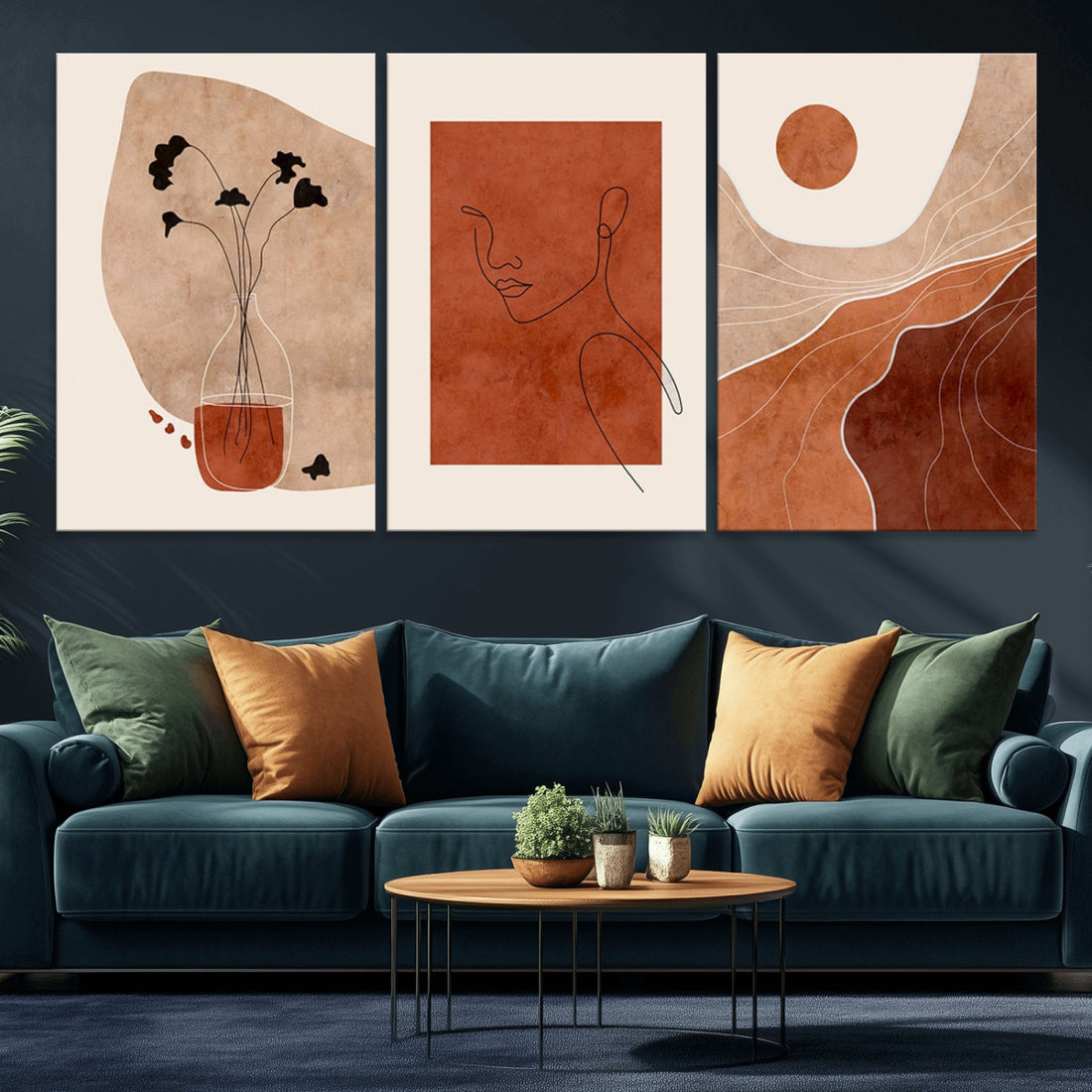 Boho Sunset Mountain Canvas Print, Modern Boho Sunset Mountain Landscape Triptych