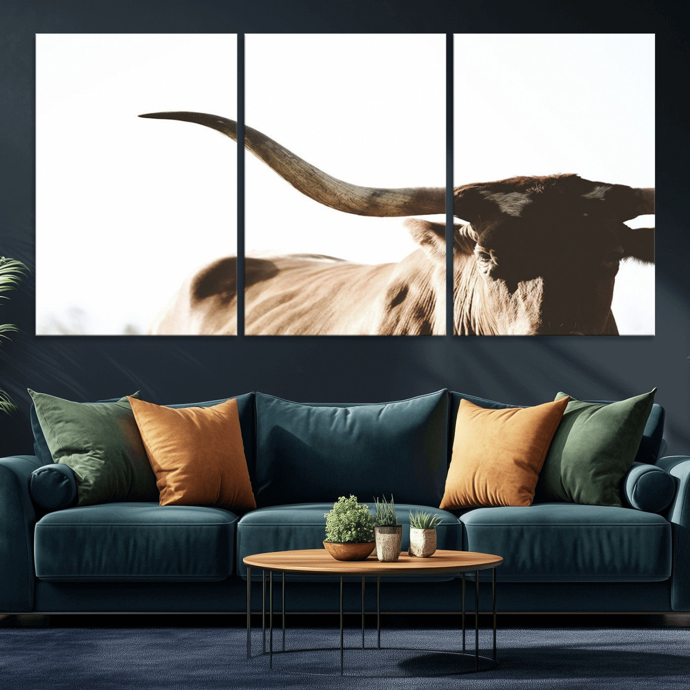 MGV-CV-60X30-3P - Texas Longhorn Wall Art Canvas Print | 3-Panel Large Longhorn Canvas Print for Living Room, Framed Gallery Wrap Office, Rustic Western Cowboy Decor
