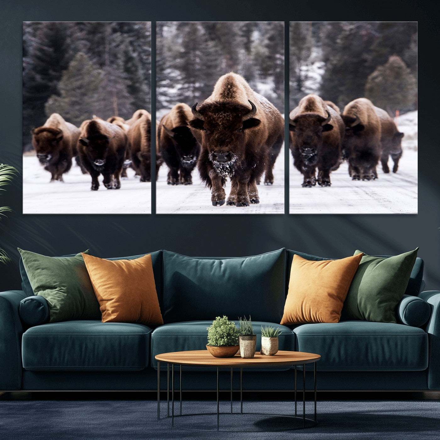 MGV-CV-60X30-3P - Bison Wall Art Canvas Print- Bison Herd Canvas Wall Art – Majestic Wildlife Photography – Framed and Ready to Hang Nature-Inspired Art - Buffalo Wall Art Print