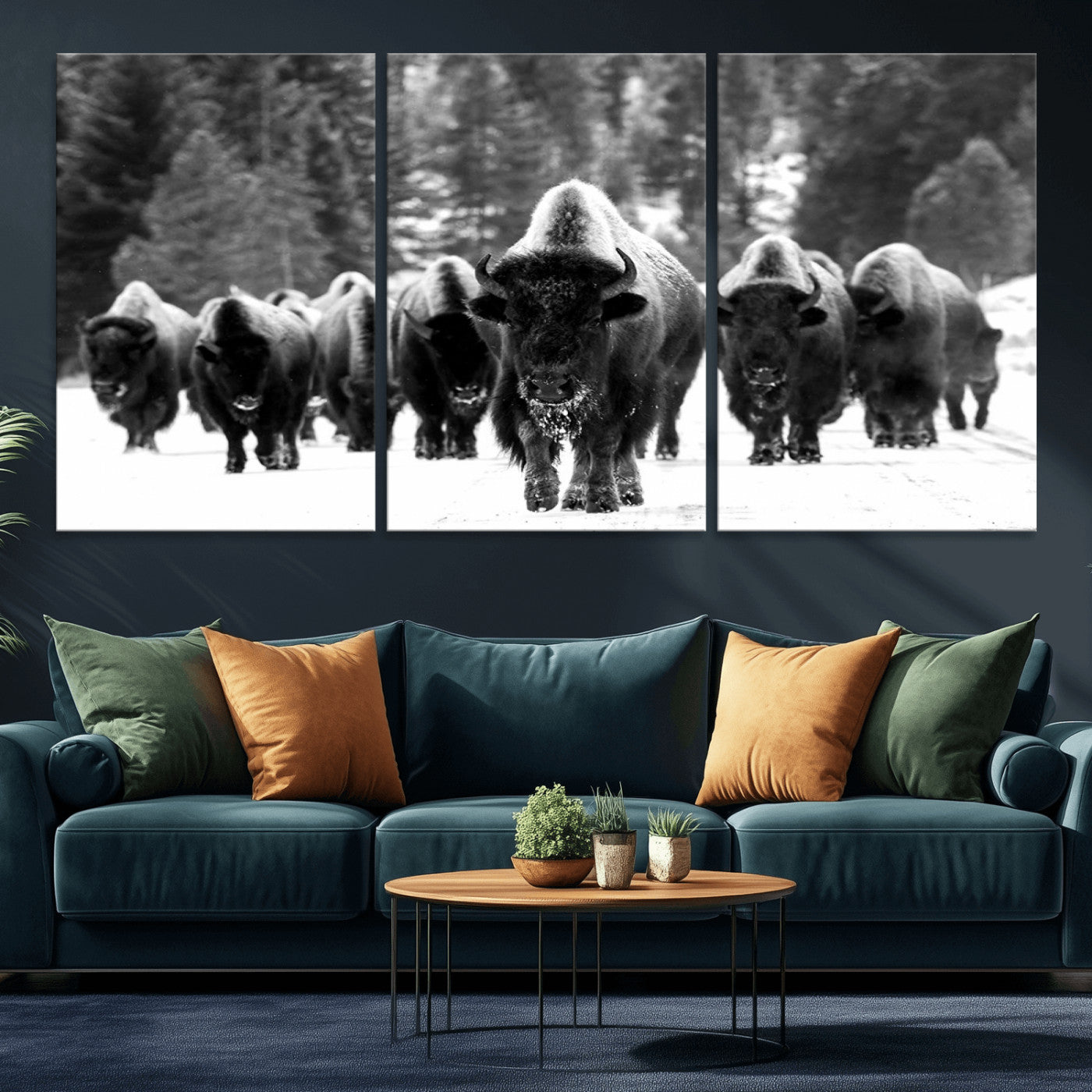 MGV-CV-60X30-3P - Bison Herd in Snow Wall Art Canvas Print | Rustic Western Bison Wall Art for Decor for Living Room, Office, and Farmhouse Decor | Framed Large Bison Giclee Canvas Print
