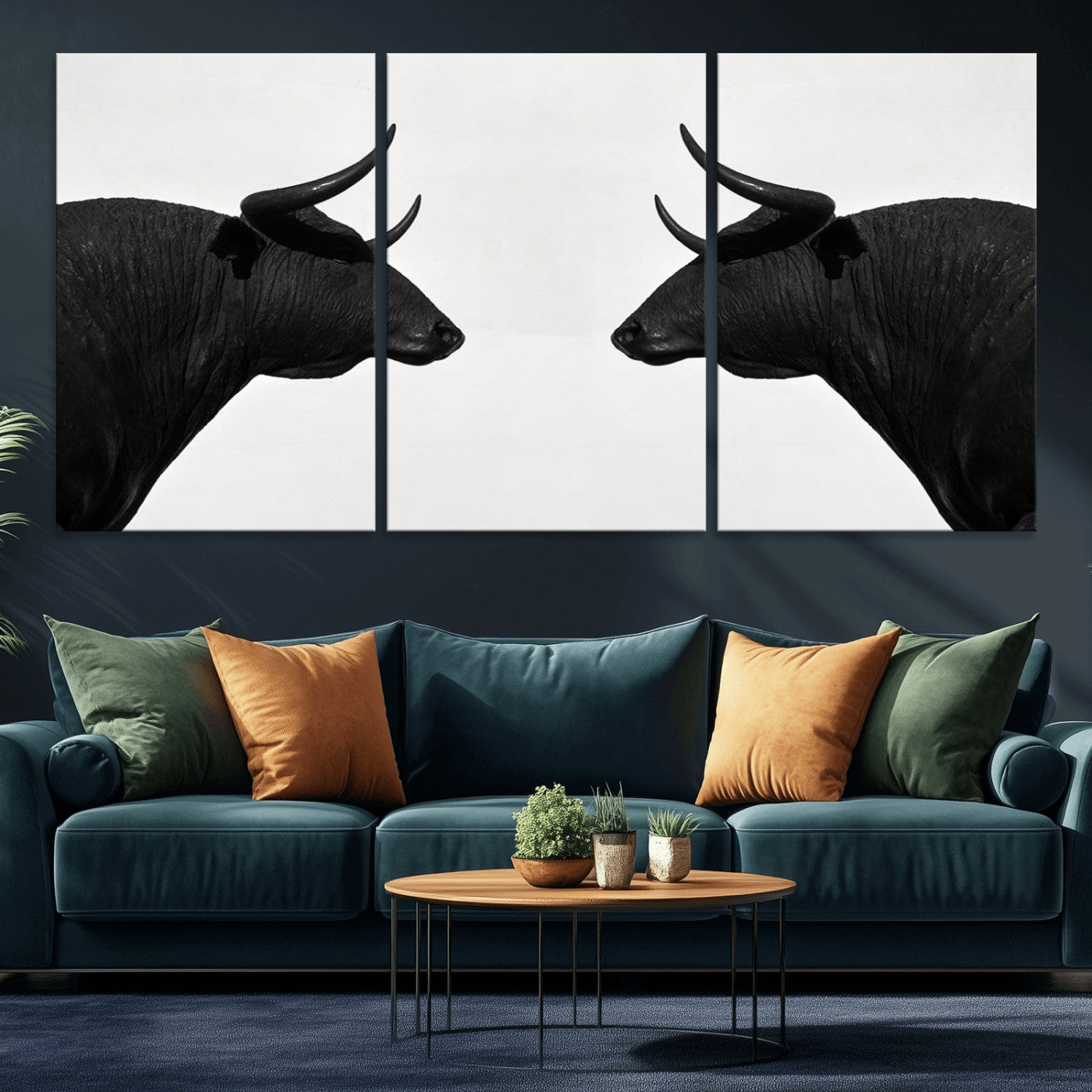 -Spanish Bull Art - Framed Black and White Bull Canvas Print for Modern Rustic Home or Office Decor