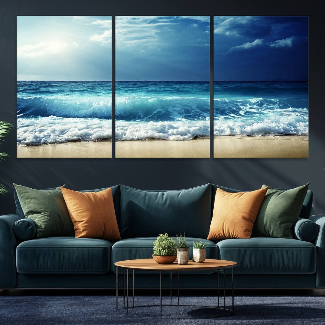 The Majestic Ocean Wave Wall Art Canvas, a 3-panel seascape print, is featured prominently.