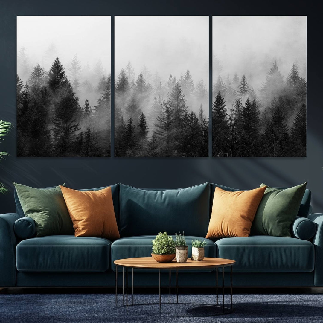 Fogy Forest Canvas Art features misty pines and a mountain landscape.