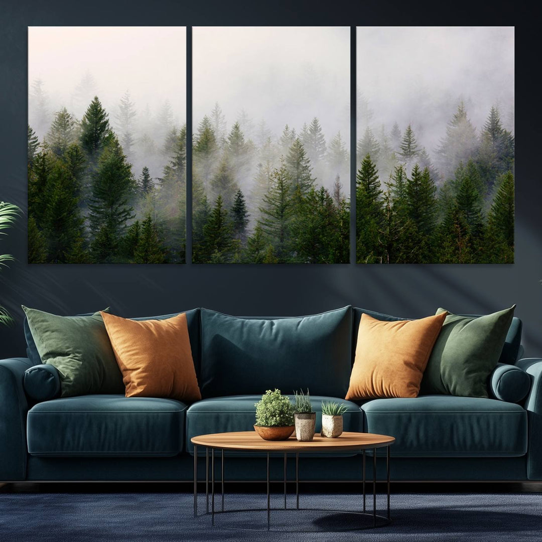 A serene, foggy evergreen forest creates a mysterious atmosphere, ideal for premium canvas wall art.