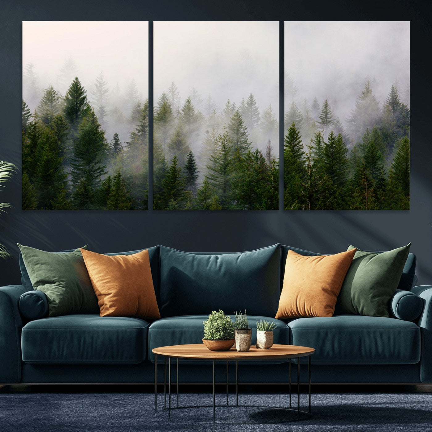 MGV-CV-60X30-3P - Misty Pine Forest Wall Art Canvas Print | 3 Panel Green Woodland Canvas Print for Living Room, Office, or Dining Room | Nature Foggy Forest Decor
