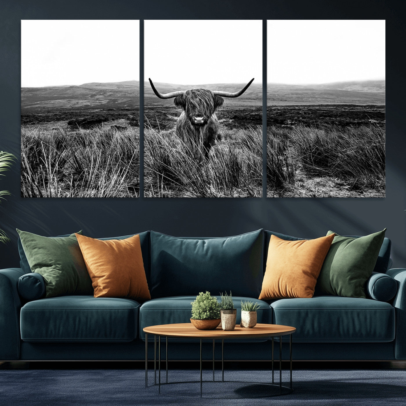 MGV-CV-60X30-3P - Black and White Highland Cow Canvas Wall Art, Longhorn Triptych Western Wall Decor for Cabin -