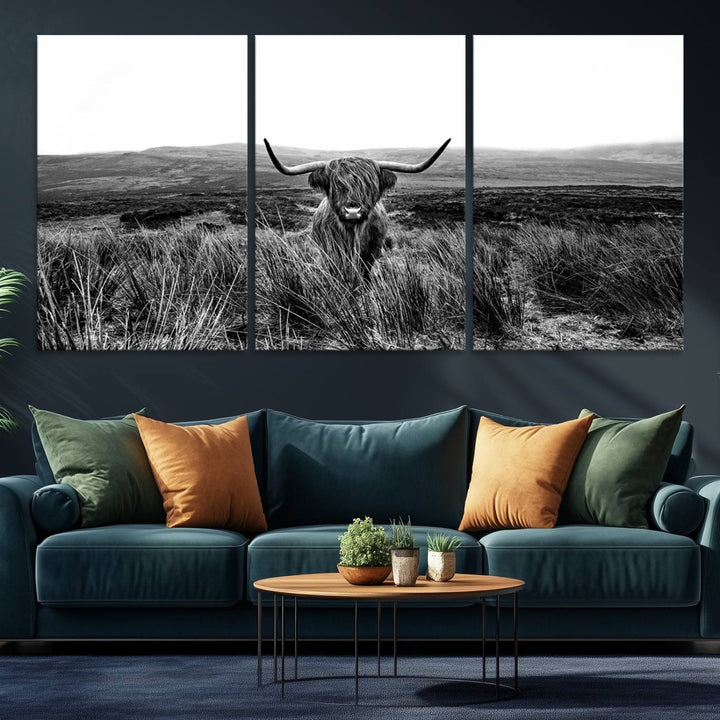 Dining room featuring a Black and White Highland Cow Canvas for a Western-themed decor.