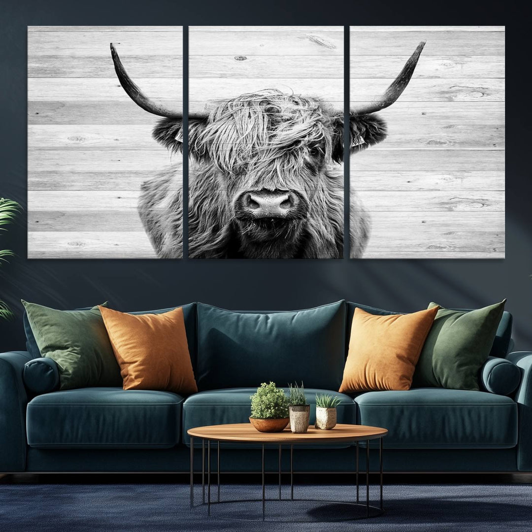 Scottish Highland Cow Cattle Art adds rustic farmhouse charm to the space.