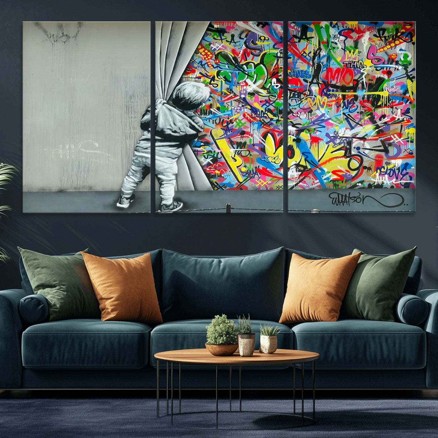 MGV-CV-60X30-3P - Banksy Colorful Street Graffiti Canvas Wall Art Print, Modern Art Triptych, Child and Graffiti Wall, Urban Art for Home or Office Decor