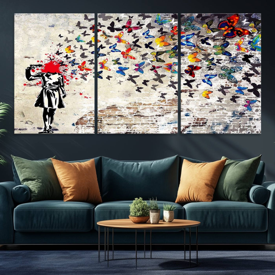 Banksy Art Butterfly Girl Explosion: Vibrant urban graffiti canvas for modern interiors, ready to hang.