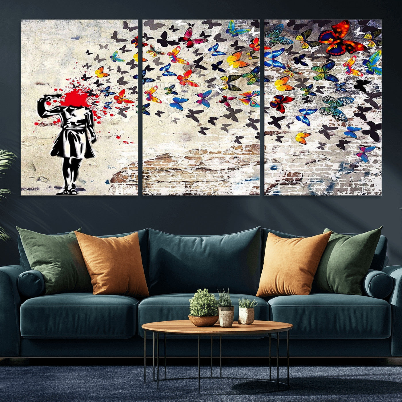 MGV-CV-60X30-3P - Banksy Art Butterfly Girl Explosion Canvas Art – Vibrant Urban Graffiti for Modern Interiors - Ready to Hang