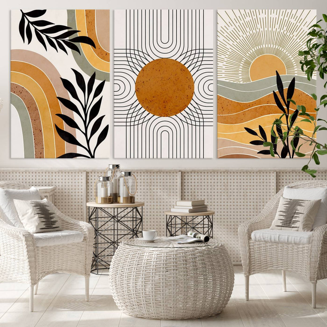 Modern Boho Sun and Leaf Abstract Art – 3-Panel Giclée Canvas for Mid-Century Modern or Bohemian Wall Decor