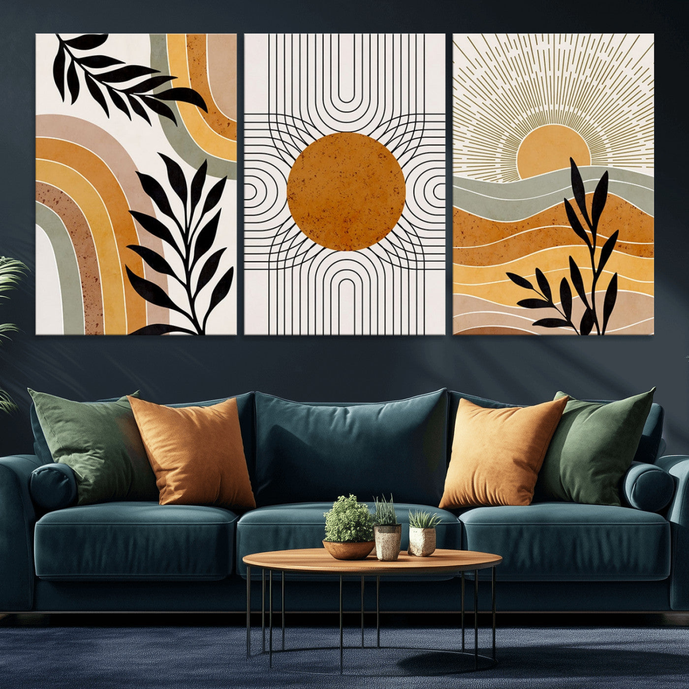 MGV-CV-60X30-3P - Modern Boho Sun and Leaf Abstract Art – 3-Panel Giclée Canvas for Mid-Century Modern or Bohemian Wall Decor