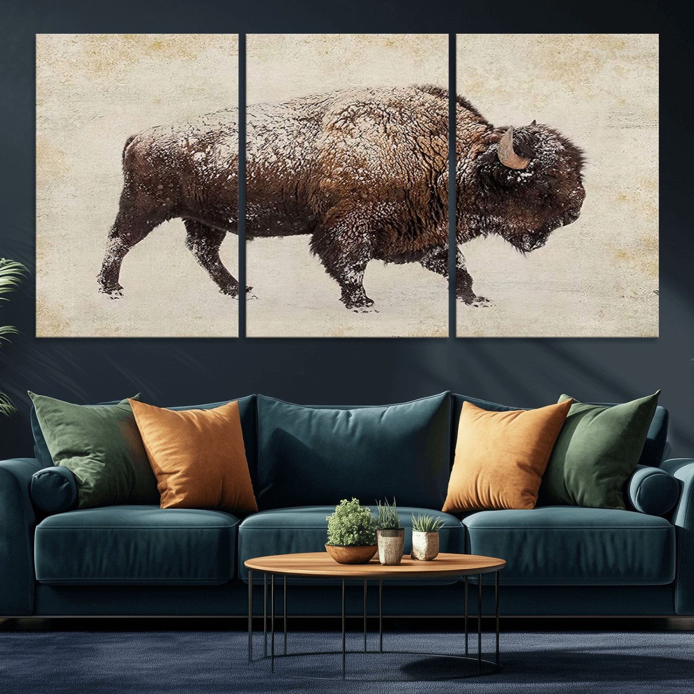 MGV-CV-60X30-3P - Buffalo Wall Art, Western Bison Canvas Print, Rustic Buffalo Art for Cowboy Western Decor, Large Multi-Panel Giclee Canvas for Farmhouse Wall Decor