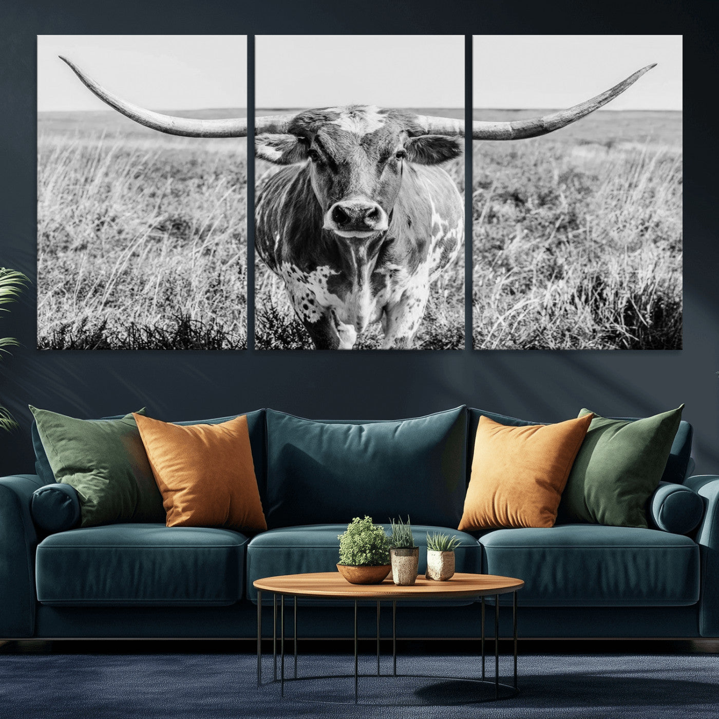 MGV-CV-60X30-3P - Texas Cow Longhorn Wall Art Canvas Print for Farm House Wall Decor, Farmhouse Wall Art Print