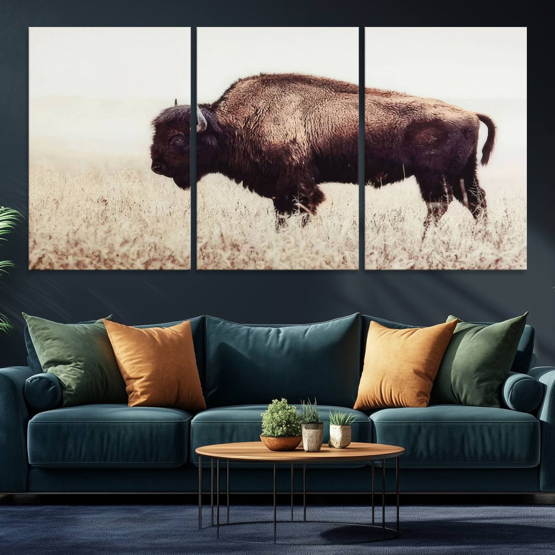 The dining room showcases the Bison in Field canvas print.