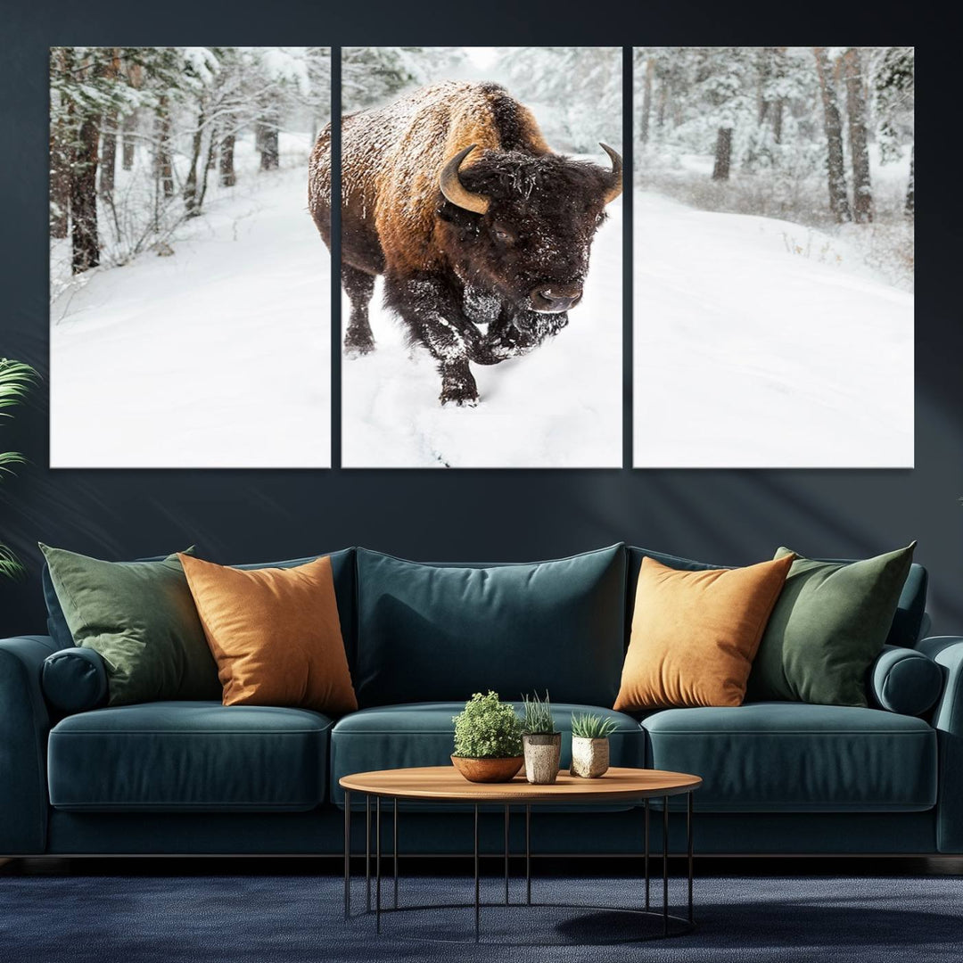 The dining area showcases the Bison Wall Art Canvas Print for Farmhouse.