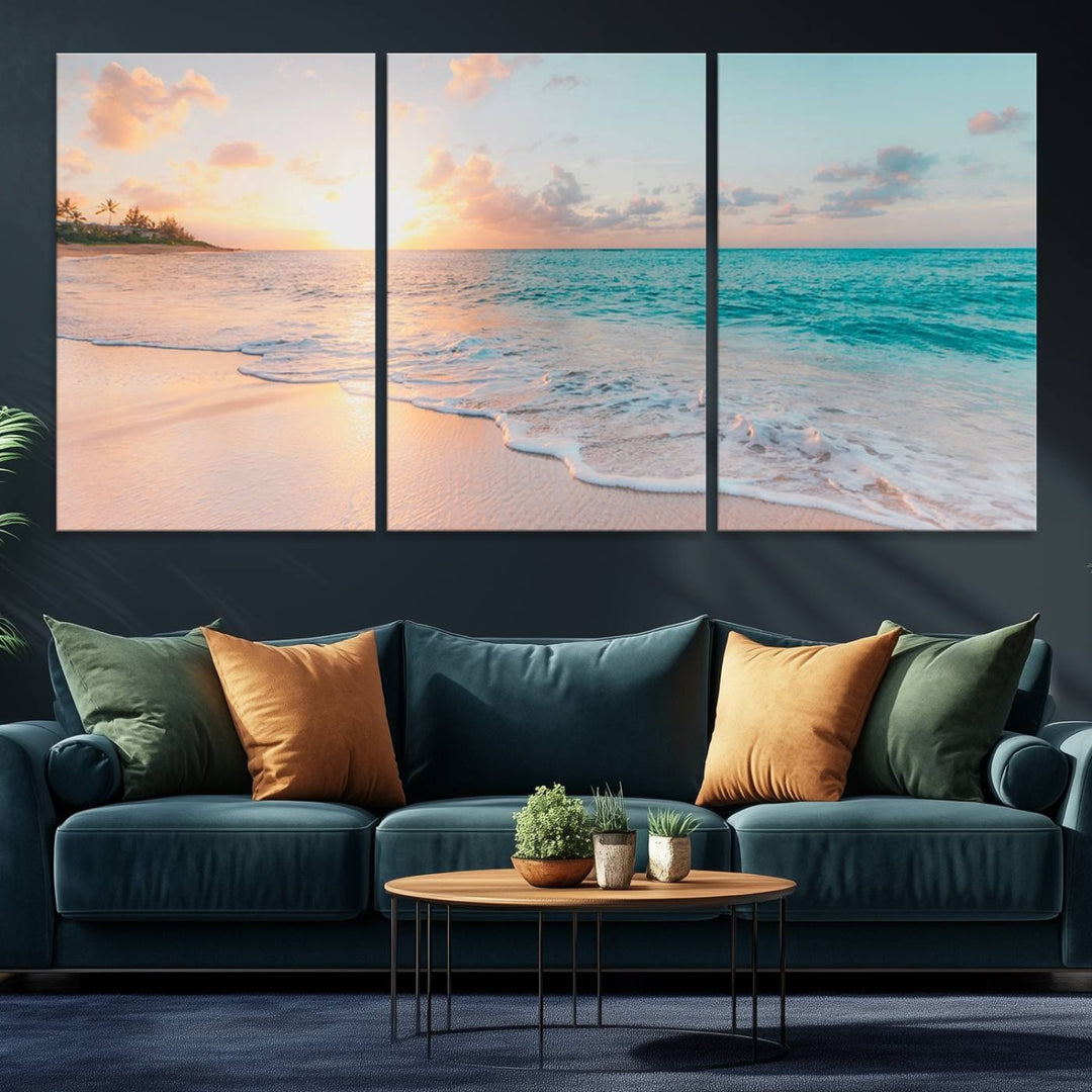 The kitchen features the Beach Sunrise Wall Art, Coastal Sunset Beach Scene.