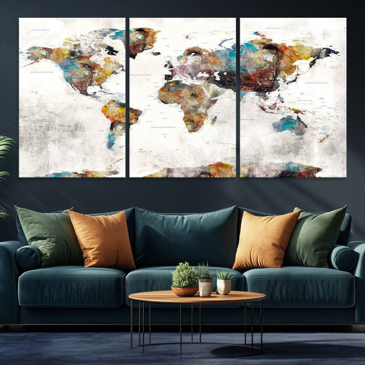 The Colorful World Map Wall Art Canvas Print adds vibrance to the space, ideal for geography lovers.