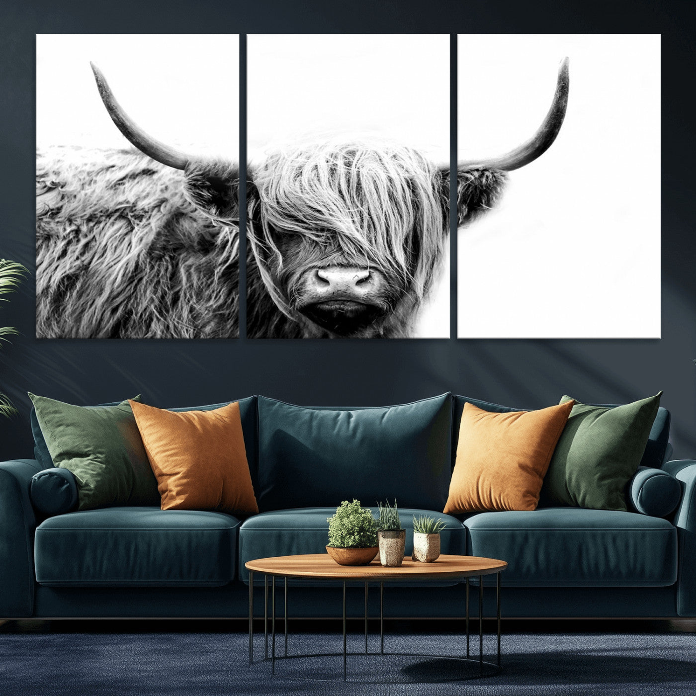 MGV-CV-60X30-3P - Black White Scottish Highland Cow Cattle Art Print Farmhouse Wall Art Canvas Print