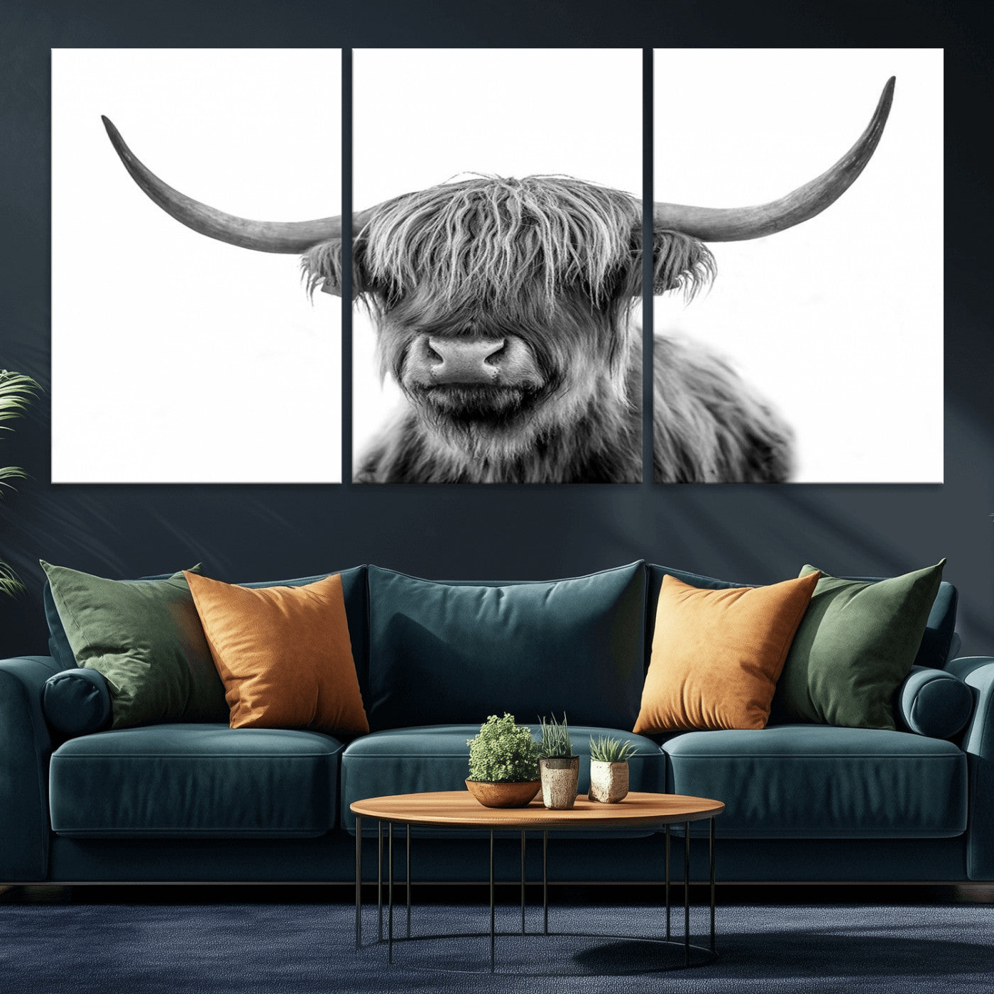 MGV-CV-60X30-3P - Grayscale Scottish Highland Cow Cattle Art Print Farmhouse Wall Art Canvas Print