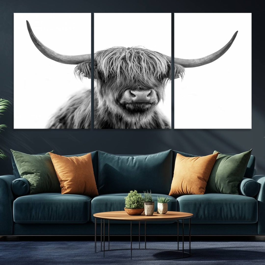 A Scottish Highland Cow Art Canvas adds charm to the farmhouse decor.