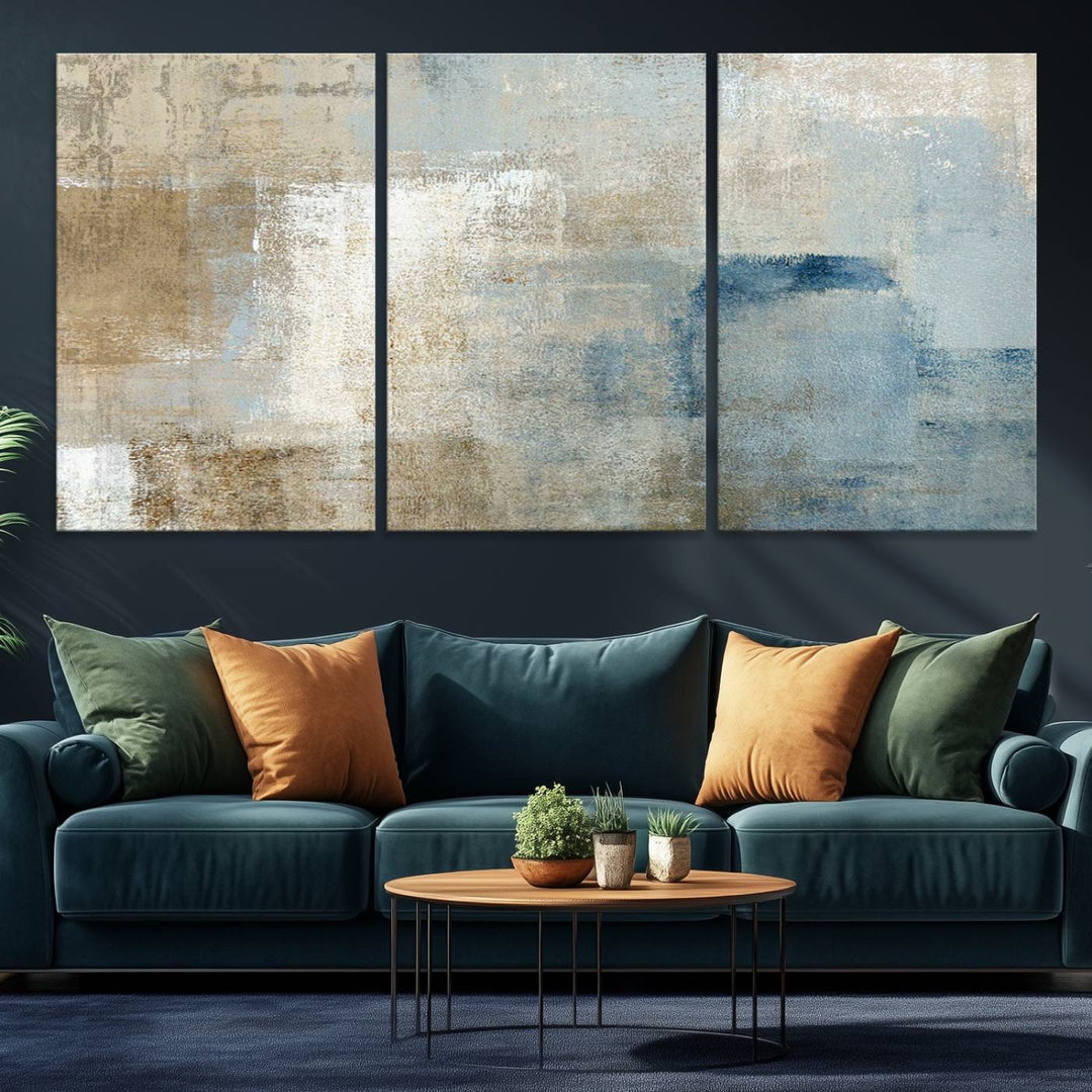 Abstract Blue and Beige Wall Art canvas print set with a modern minimalist aesthetic.