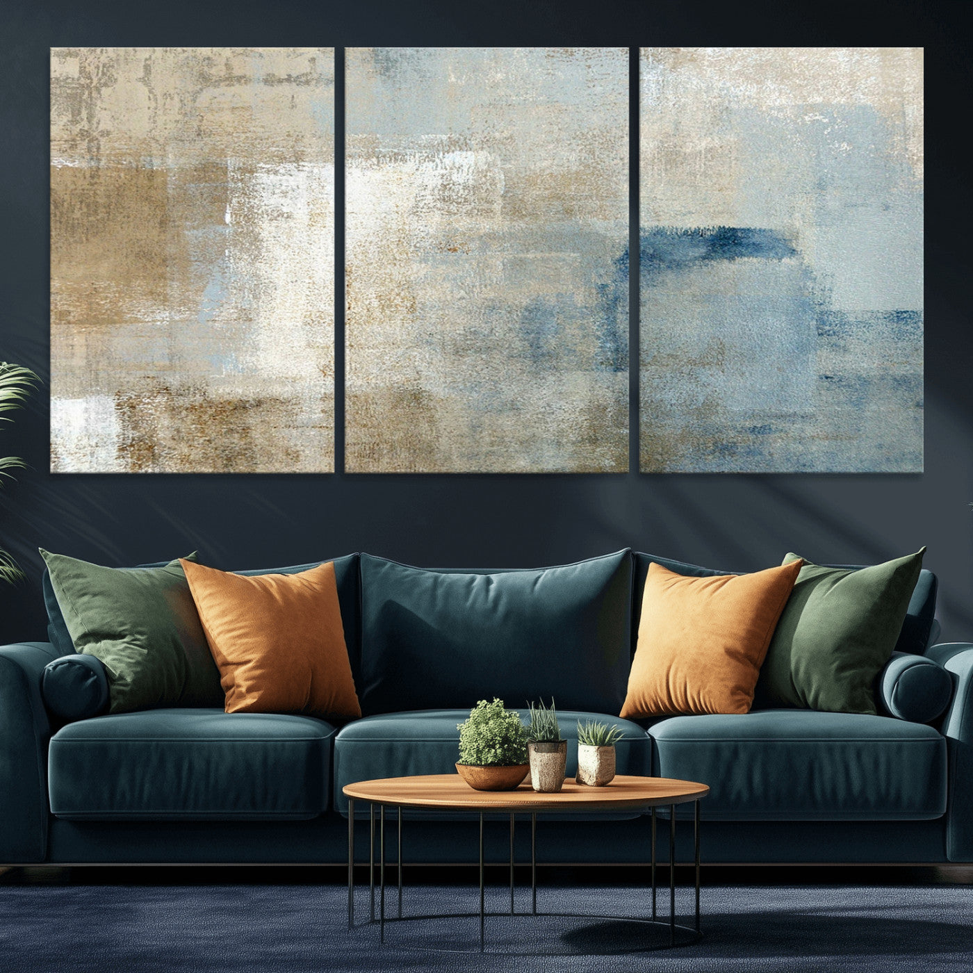 MGV-CV-60X30-3P - Abstract Blue and Beige Wall Art, Modern Minimalist Canvas Print Set, Giclee Textured Art, Large Multi-Panel Artwork for Living Room