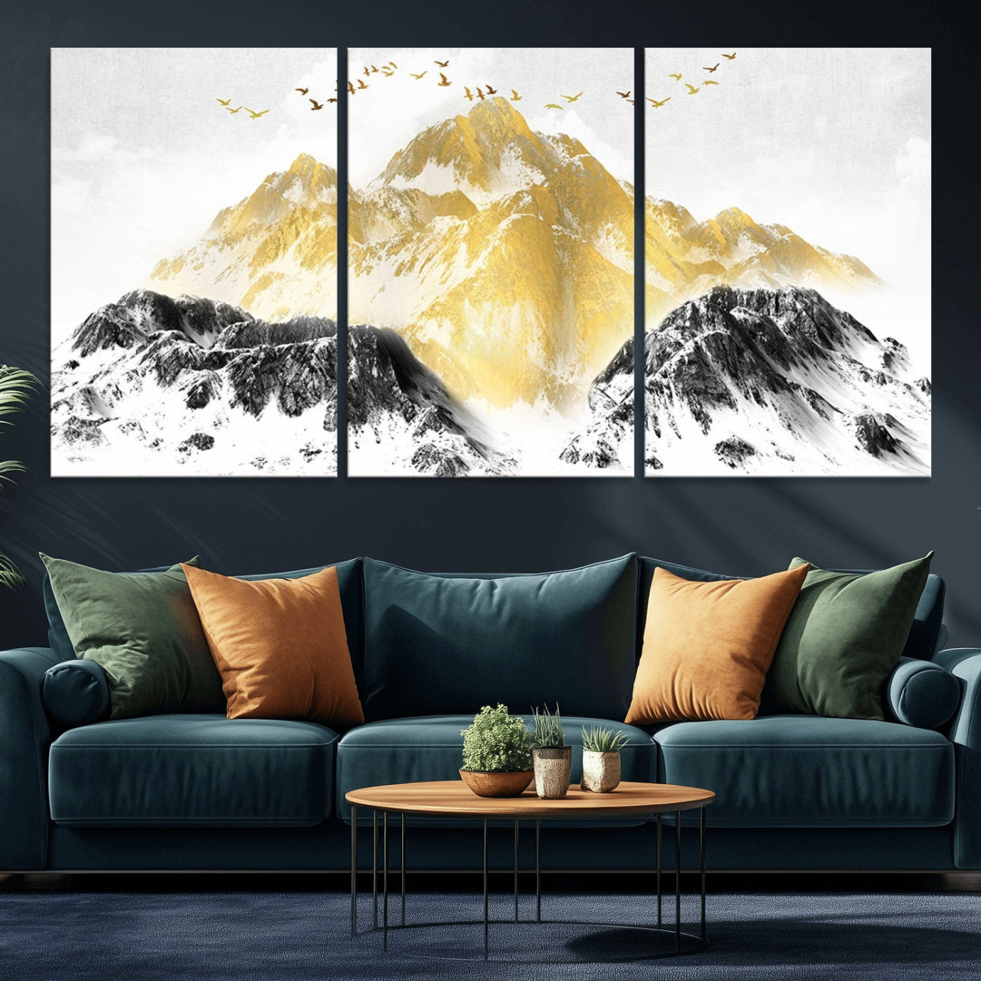 MGV-CV-60X30-3P - Golden Mountain Triptych Wall Art, Modern Giclee Canvas Print, Nature Landscape Decor for Living Room, Contemporary Gold and Black Wall Art