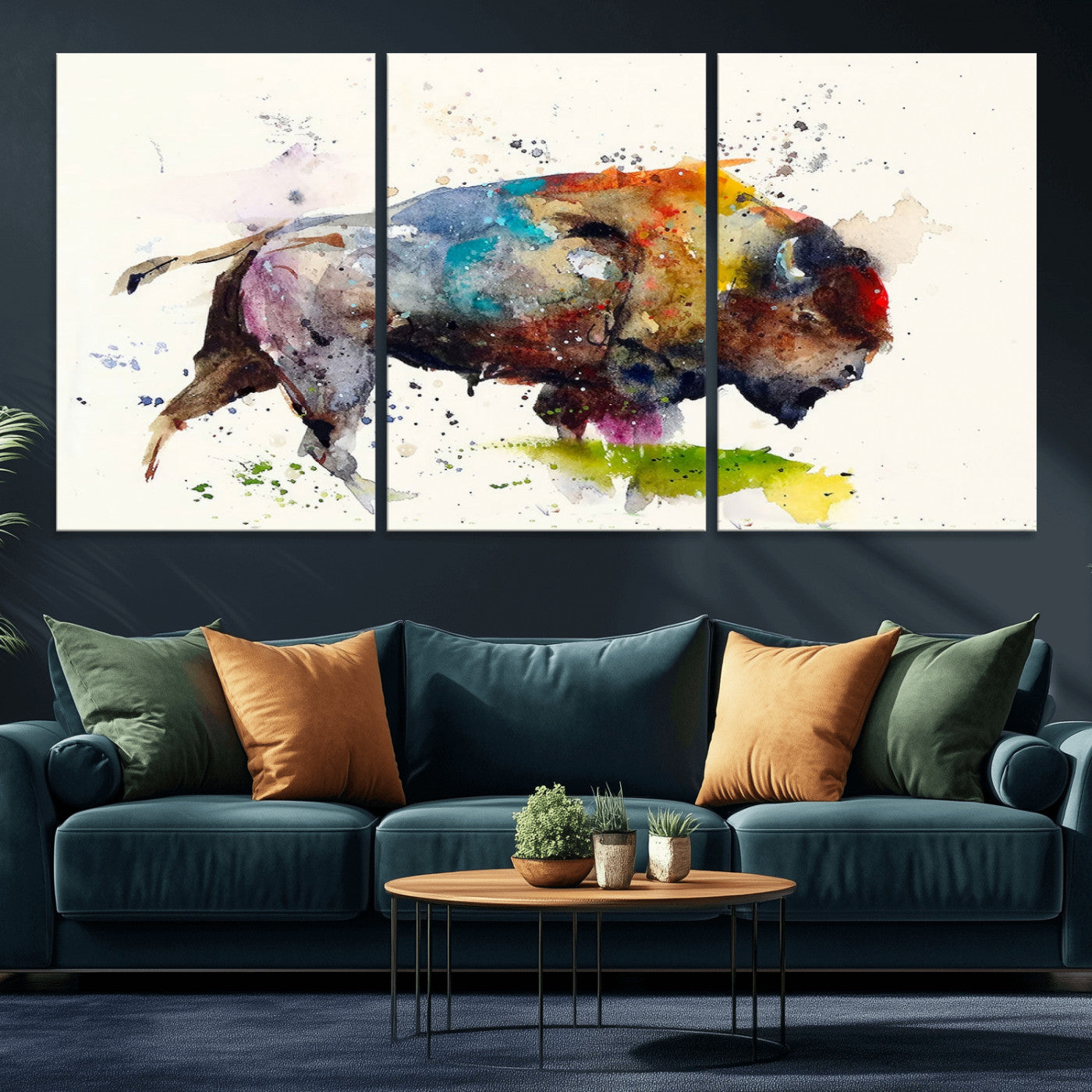 MGV-CV-60X30-3P - Abstract Buffalo Wall Art, Western Watercolor Bison Canvas Print, Rustic Buffalo Art for Cowboy and Western Decor, Large Multi-Panel Giclee Canvas