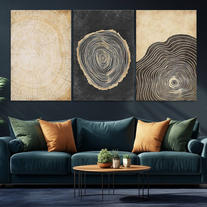 Tree Rings Canvas Wall Art Print hangs prominently in a modern kitchen.