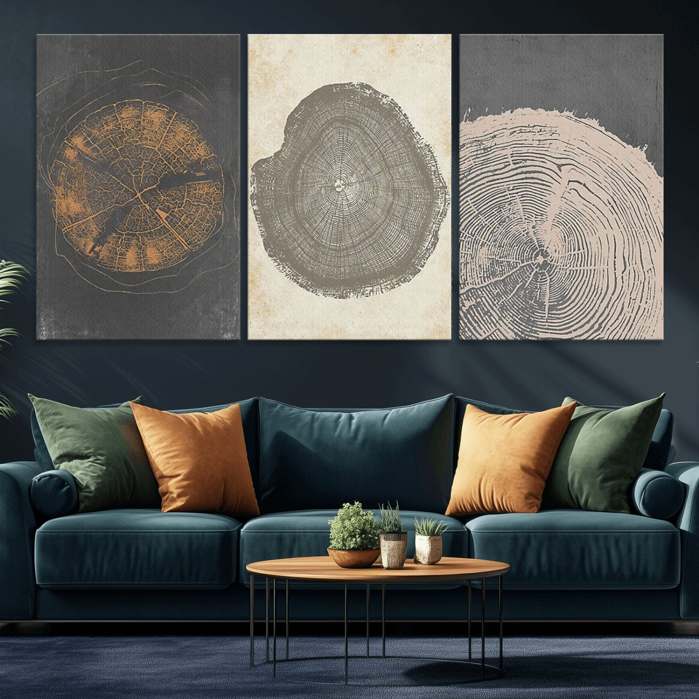 MGV-CV-60X30-3P - Boho Tree Ring Wall Art, Modern Minimalist Wood Grain Canvas, Tree Slice for Rustic Decor, Farmhouse Decor Giclee Canvas Print, Tree Ring Canvas Set