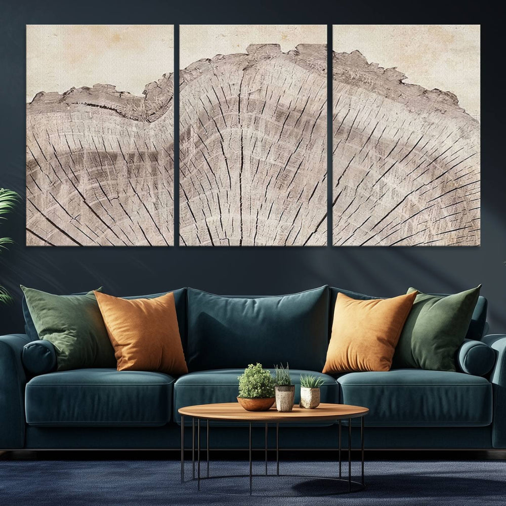 The dining area features a Tree Ring Wall Art Triptych.