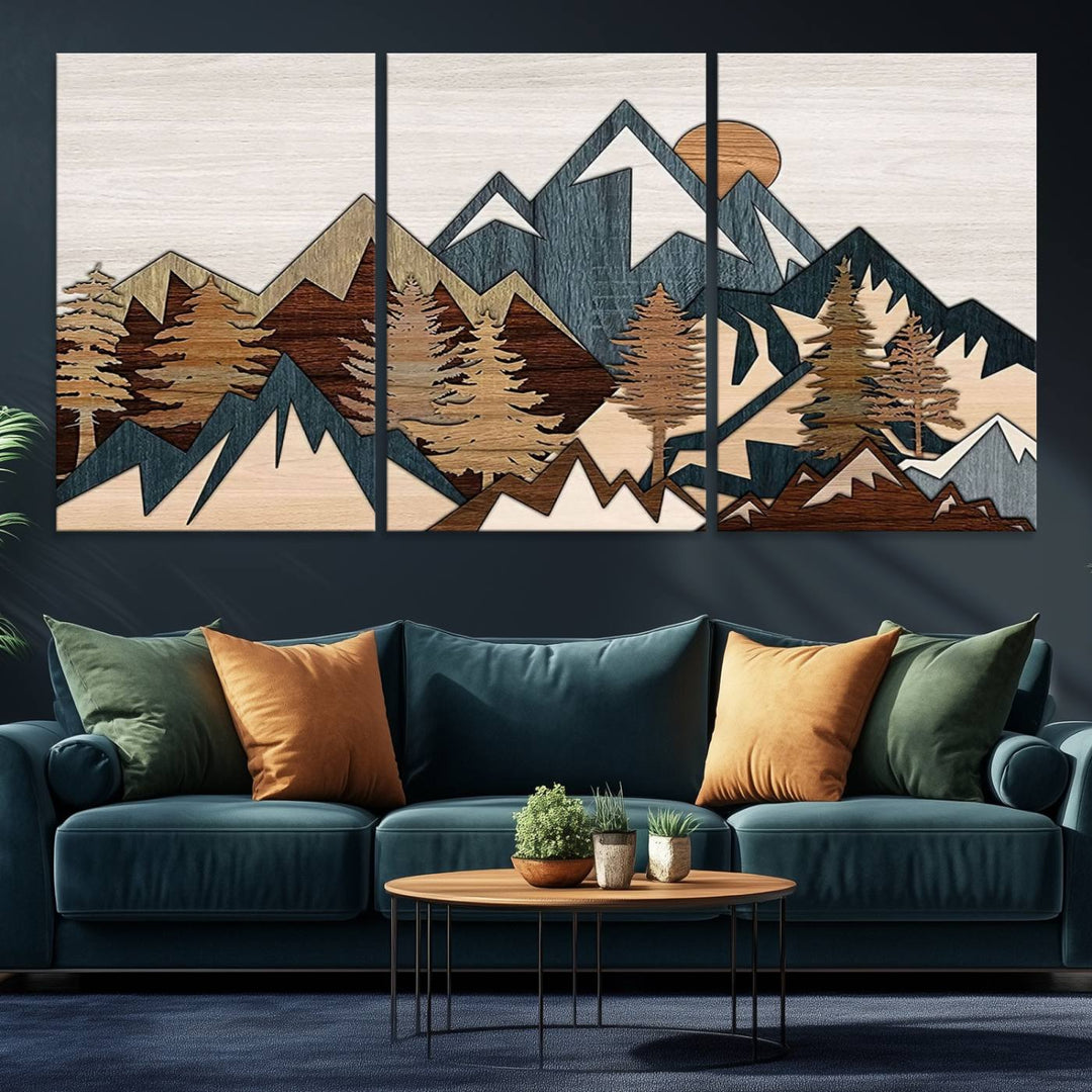 A Woodland Mountain Landscape Triptych serves as the centerpiece of the rustic decor.