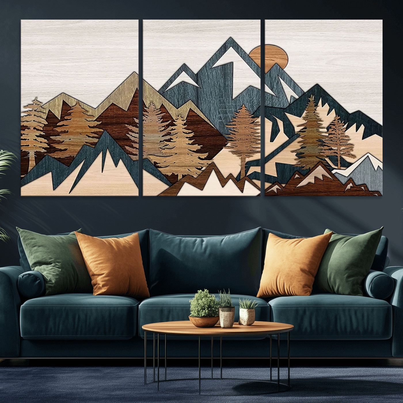 MGV-CV-60X30-3P - Rustic Abstract Wood Panel Effect Canvas Mountain Range Top Wood Wall Art Canvas Print