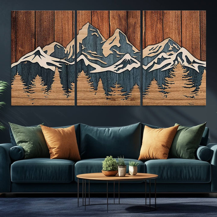 Rustic Wood Style Mountain Wall Art hangs on the wall.