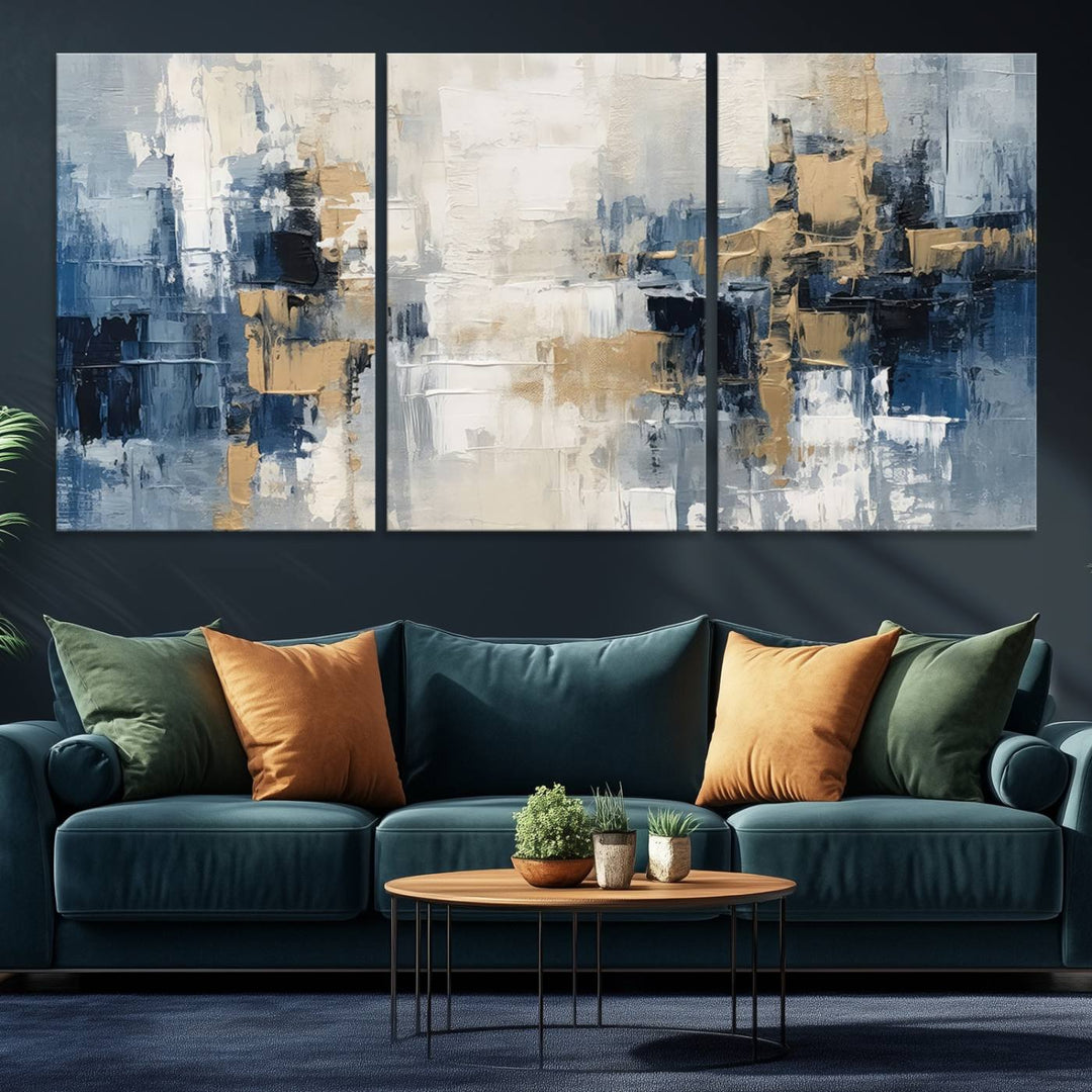 Modern Abstract Canvas Wall Art in blue and gold featured prominently in the dining area.