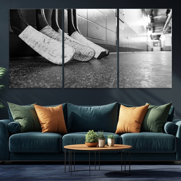 Ice Hockey Wall Art Canvas Print features a UV-protected black and white photo of hockey sticks.