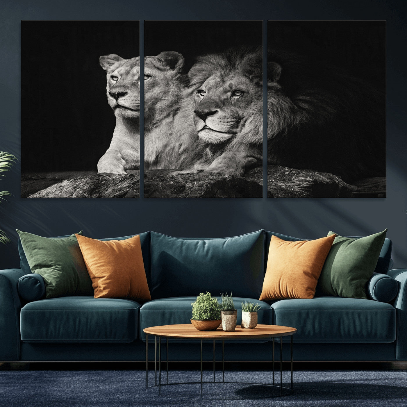 MGV-CV-60X30-3P - Lion Couple Canvas Wall Art Print – Elegant Wildlife Portrait in Black and White Lion Family – Ready to Hang