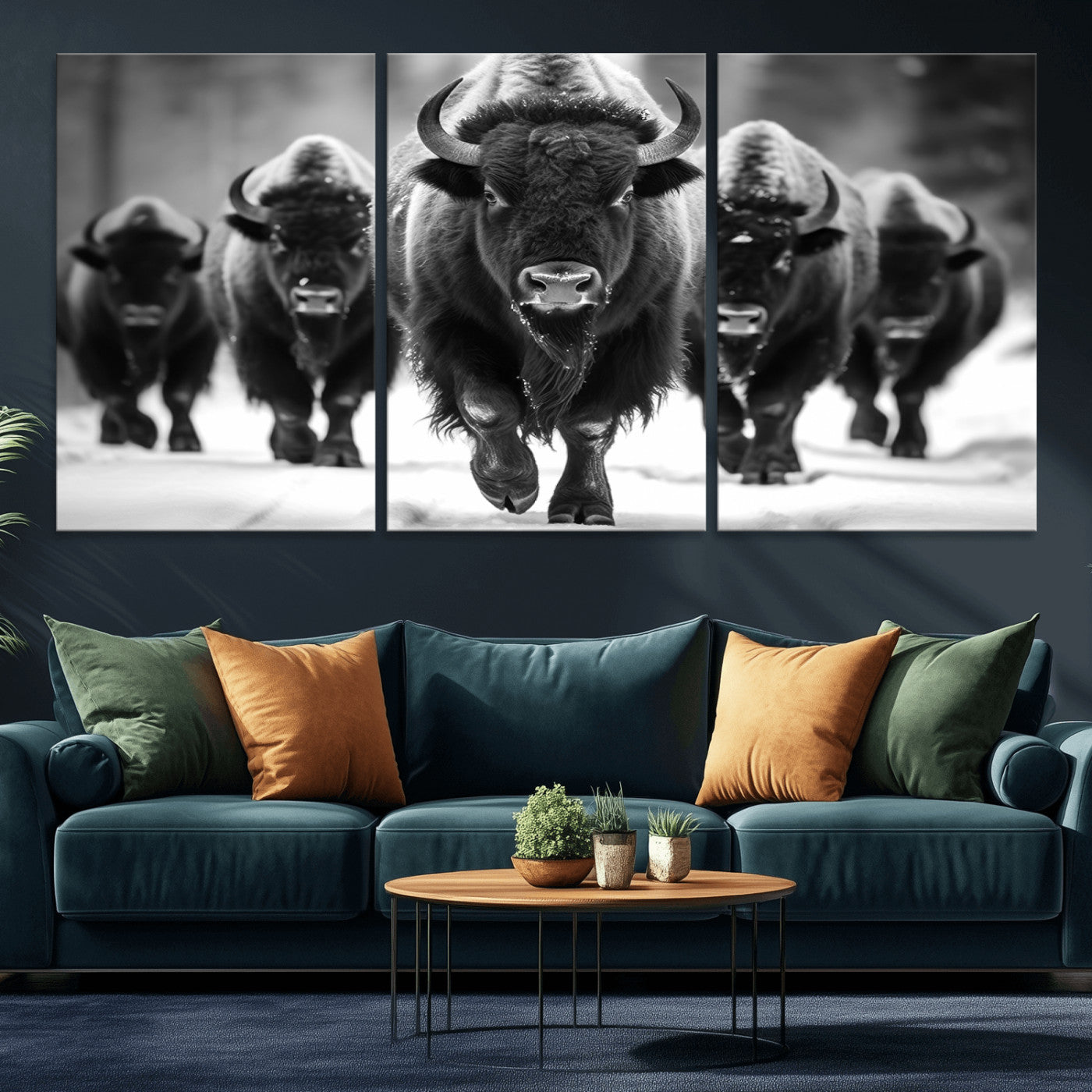 MGV-CV-60X30-3P - American Bison Art | Buffalo Herd Wall Art Canvas Print, BW American Bison Herd Wall Art Canvas Print