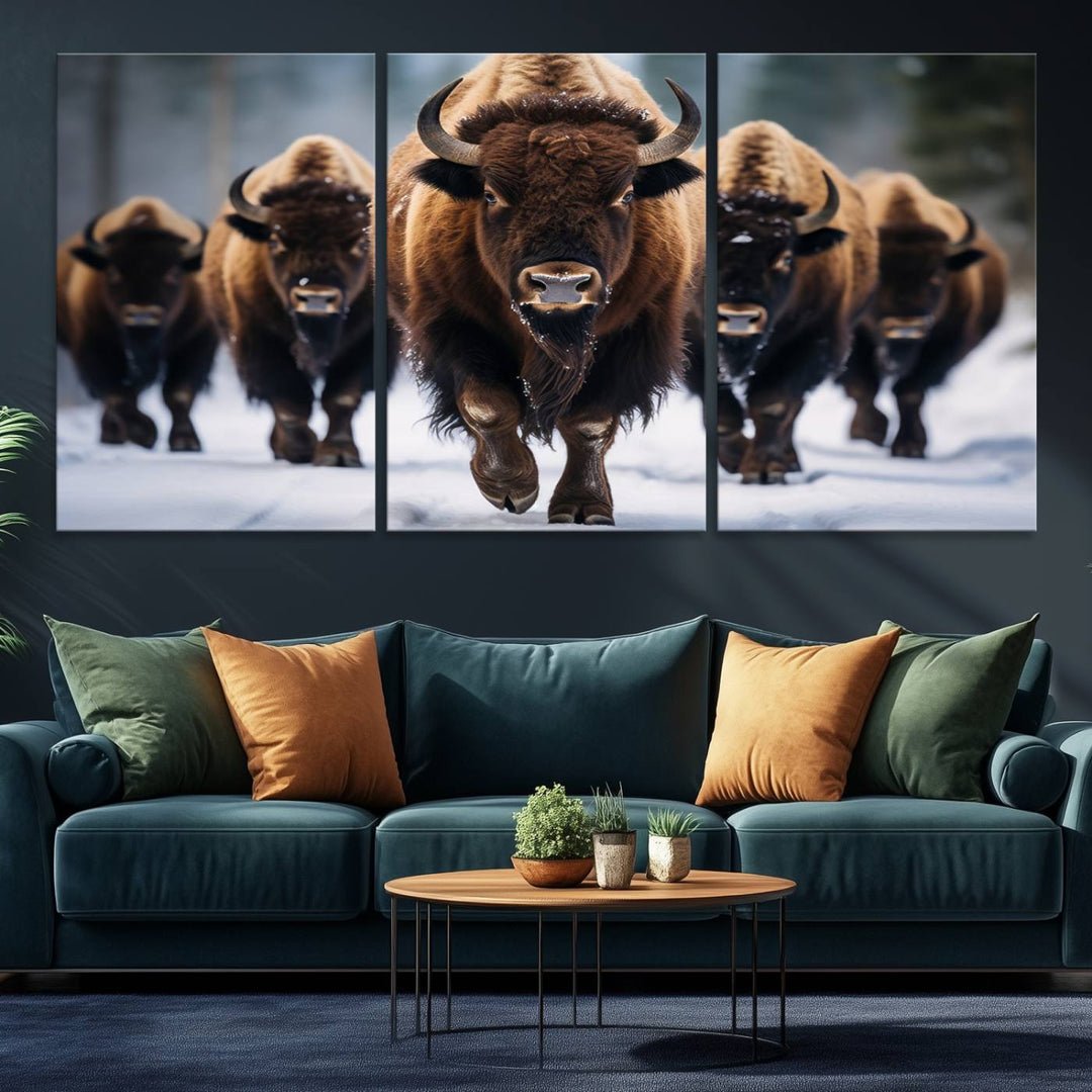 The dining room features an American Bison Herd Canvas Print against the snow.