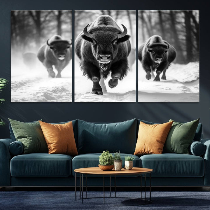 The Buffalo Wall Art Canvas Print of bison running through snow adorns the wall.