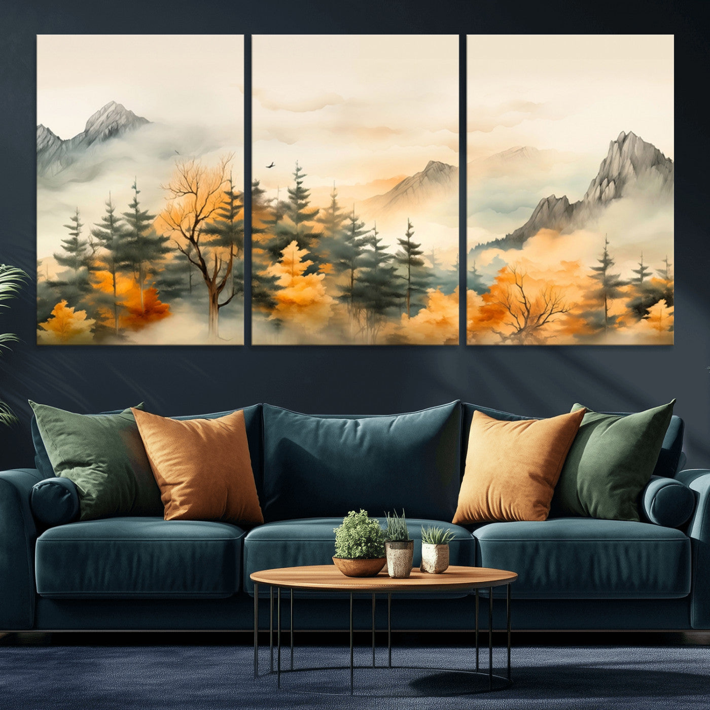MGV-CV-60X30-3P - Abstract Watercolor Mountains and Trees Autumn Art, Watercolor Mountains and Trees Canvas Print