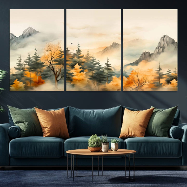 A wall art of Abstract Watercolor Mountains and Trees Autumn on museum-quality canvas.