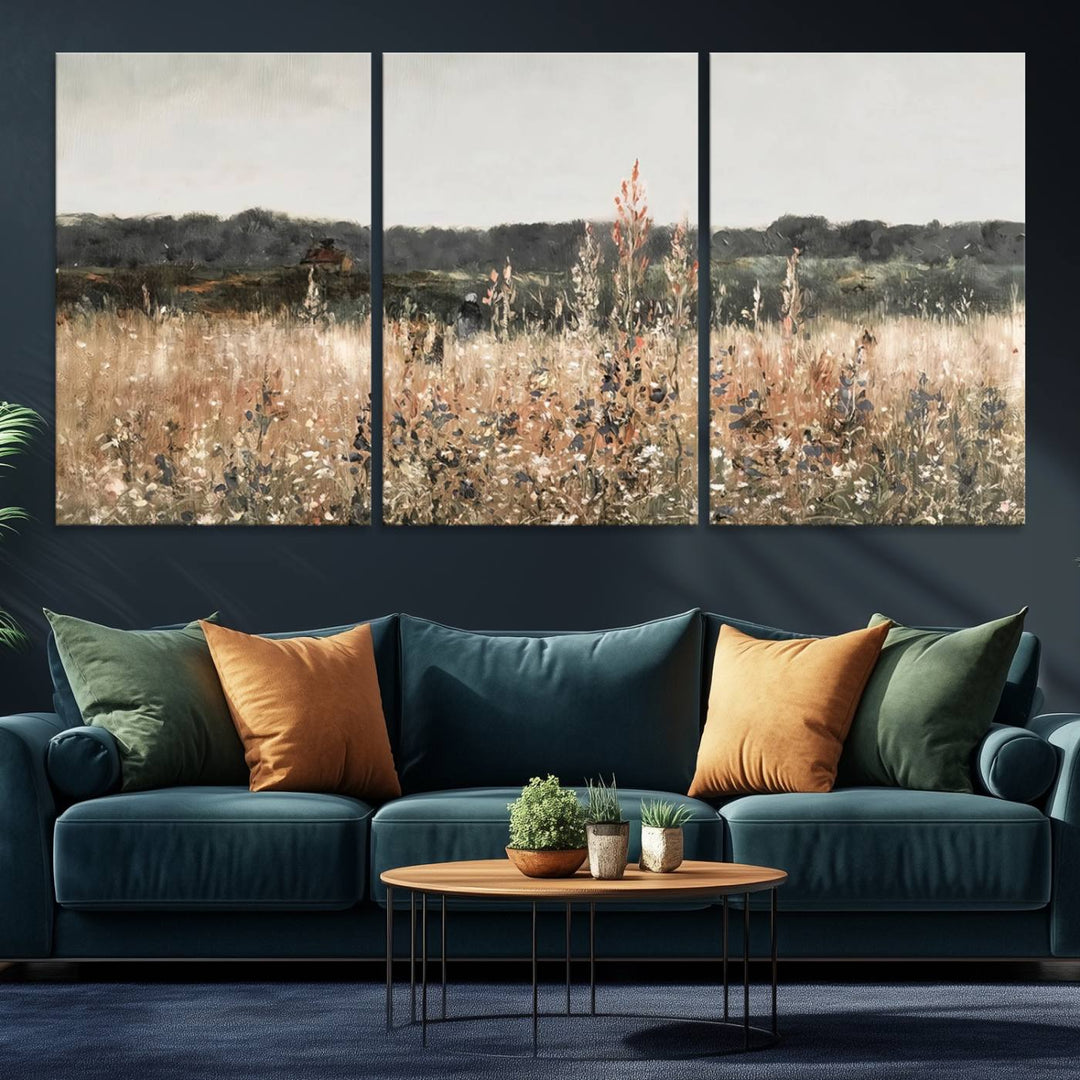 A dining room featuring the Abstract Wildflower Art Field Landscape Oil Painting Print.