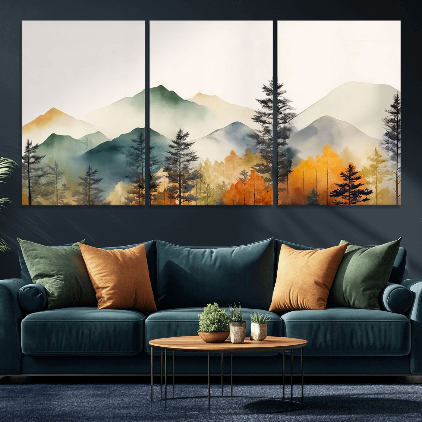 MGV-CV-60X30-3P - Abstract Watercolor Mountains and Trees Autumn Wall Art, Mountains and Trees Autumn Wall Art Canvas