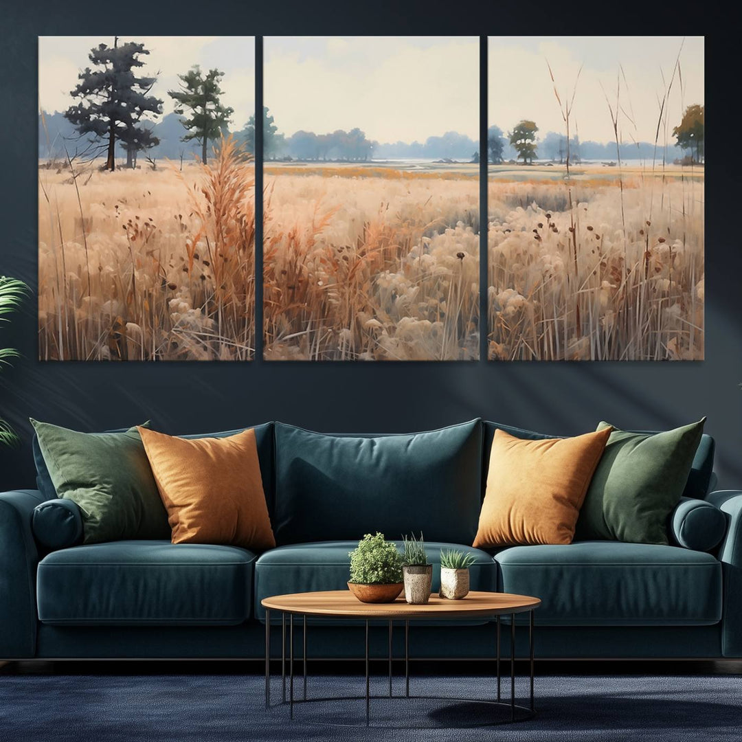 The Golden Fields Canvas Art Print, depicting a serene landscape, adds tranquility with its presence.